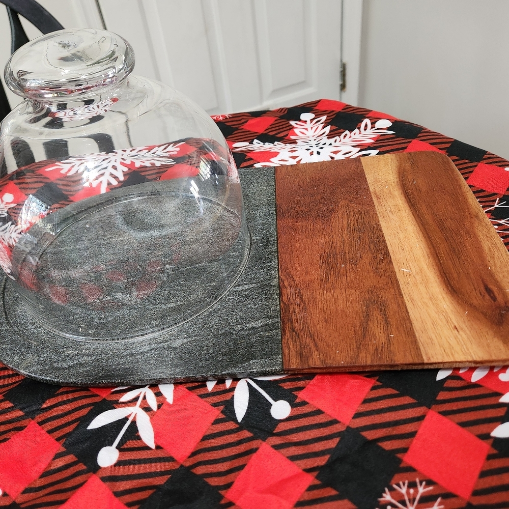 Crate&Barrel Hayes Marble and Wood Serving Board with Glass Dome